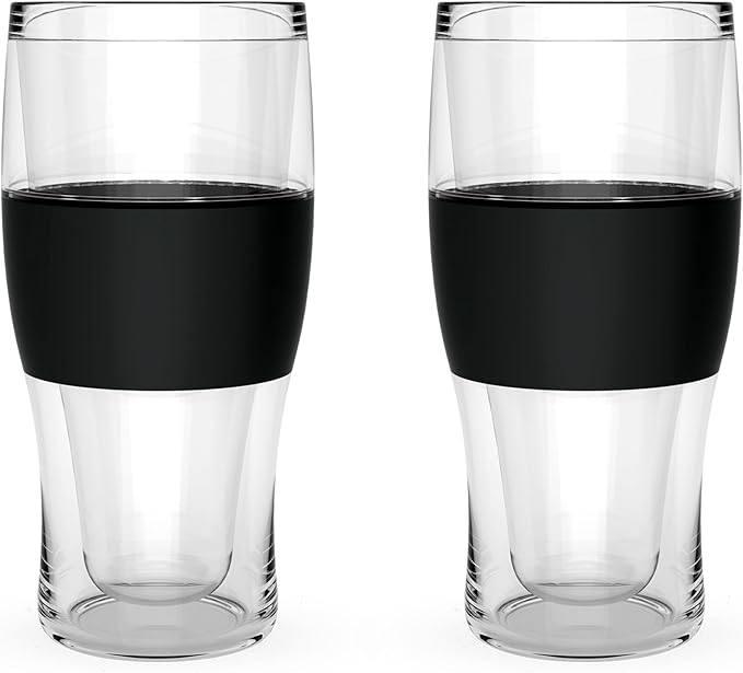 Host FREEZE Beer Glasses, Frozen Beer Mugs, Freezable Pint Glass Set, Insulated Pint Glass to Keep Your Drinks Cold, Double Walled Insulated Glasses, Tumbler for Iced Coffee, 16oz, Set of 2, Black