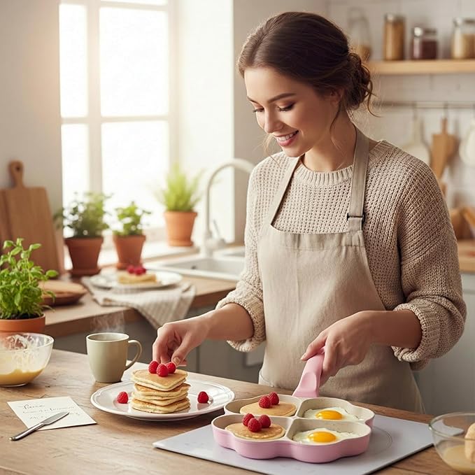Heart Shaped Divided Fry Pan Nonstick Granite Egg Pan Pink Breakfast Frying Skillet with Four Heart Sections for Breakfast Grilled Cheese Brownie Cookie Valentine's Day Party Supplies