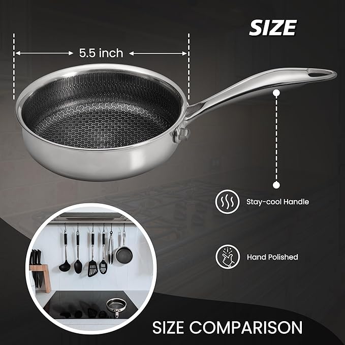 Stainless Steel Frying Pan, Small Egg Pan, Nonstick Honeycomb Surface, Tri-Ply Bonded, Induction Cooktop Compatible, 6-Inch, Silver