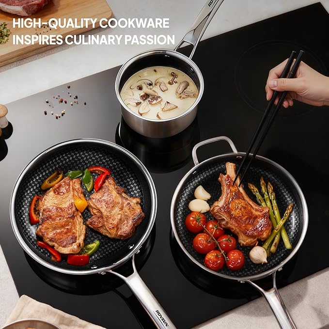 ROVSUN 10'' Non-stick Frying Pan, Tri-ply Stainless Steel Nonstick Skillet, Non-Toxic RV Kitchen Set Chef's Pan, PFOA & PTFE Free, Compatible for All Cooktops