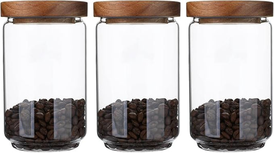 Glass Storage Jars Set of 3, 25 OZ HIgh Borosilicate Glass Containers Kitchen Food Canisters with Acacia Wood Lids for Coffee Beans/Sugar/Tea/Nuts