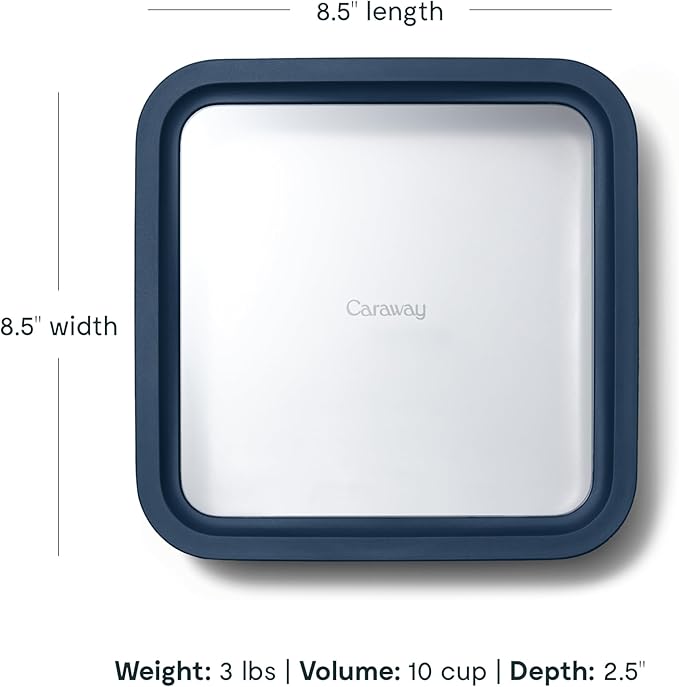 Caraway Glass Food Storage - 10 Cup Glass Container - Ceramic Coated Food Container - Non Stick Lunch Box with Lids - Dishwasher, Oven, & Microwave Safe - Square Shape - Navy