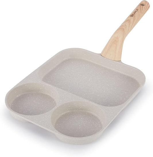 CLANK 3-in-1 Nonstick Egg Pan with Divided Nonstick Griddle, Multi-Function Breakfast Pan/Pancake Pan for Gas and Induction Cooktops, White Granite Texture