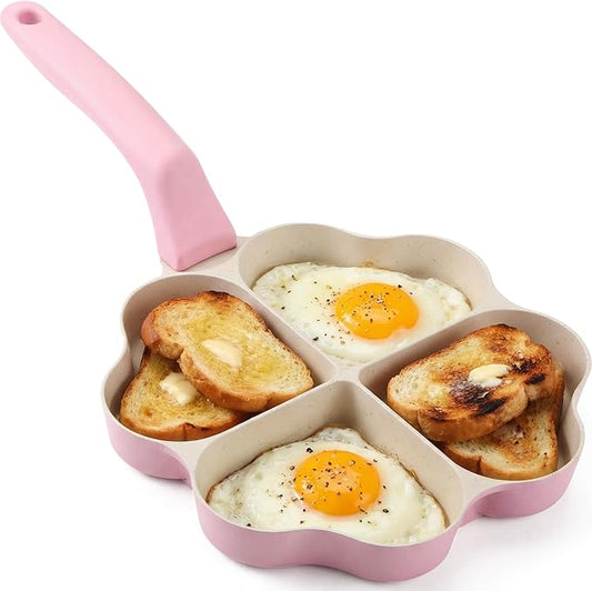 Heart Shaped Divided Fry Pan Nonstick Granite Egg Pan Pink Breakfast Frying Skillet with Four Heart Sections for Breakfast Grilled Cheese Brownie Cookie Valentine's Day Party Supplies