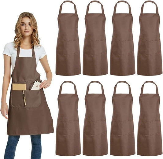 DUSKCOVE 8 Pack Bib Aprons Bulk - Unisex Brown Commercial Apron with 2 Pockets for Kitchen Crafting BBQ Drawing Cooking