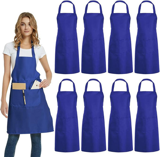 DUSKCOVE 8 Pack Bib Aprons Bulk - Unisex Blue Commercial Apron with 2 Pockets for Kitchen Crafting BBQ Drawing Cooking