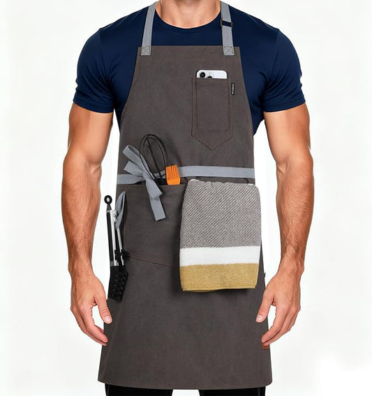Womens Apron With Pockets Adjustable Shoulder Strap,Apron For Men 38.5" Extra-Long Straps Fit More Body Types,Chef Apron For Kitchen Garden Barbecue Woodworking