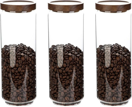 Glass Storage Jars with Wooden Lid Set of 3, 44 OZ High Borosilicate Glass Containers Kitchen Food Canisters s for Coffee Beans/Sugar/Noodles/Nuts/Cookies/Pasta