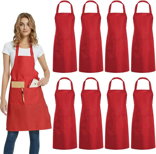DUSKCOVE 8 Pack Bib Aprons Bulk - Unisex Red Commercial Apron with 2 Pockets for Kitchen Crafting BBQ Drawing Cooking