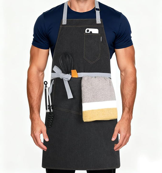 Womens Apron With Pockets Adjustable Shoulder Strap,Apron For Men 38.5" Extra-Long Straps Fit More Body Types,Chef Apron For Kitchen Garden Barbecue Woodworking