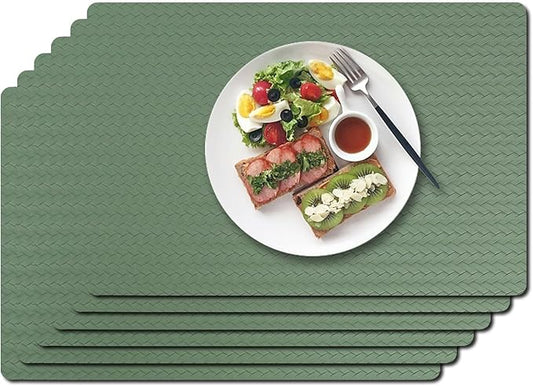 Vinyl Placemats Set of 6-12×17.7 Inch Waterproof & Heattable Placemats, Fall Faux Leather Wipeable Outdoor Table Mat for Dining, Kitchen, Indoor Outdoor Use (Sage Green, Cable Pattern)