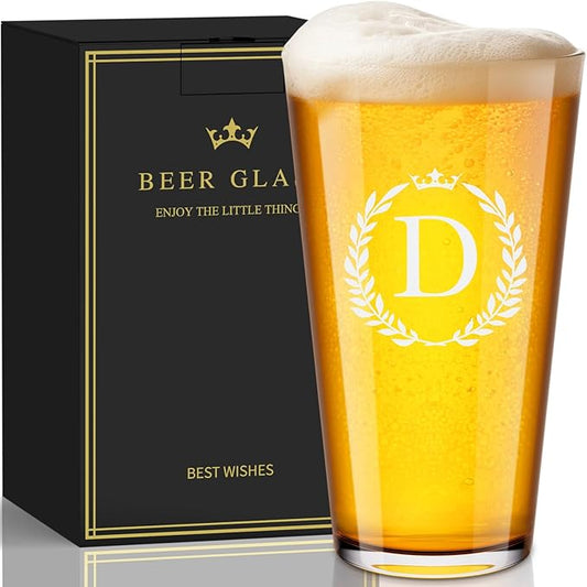Personalized Beer Glasses Gifts for Men, 16 oz Pint Glasses Monogrammed A-Z Drinking Glass Cups Customized Gift, Unique Christmas Anniversary Birthday Gifts for Men Him Dad Brother Husband Grandpa (D)