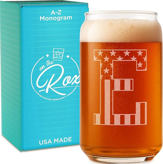 Monogram Beer Glasses for Men (A-Z) 16 oz - Beer Gifts for Men Brother Son Dad Neighbor - Unique Gifts for Him - Personalized Drinking Gift Beer Glass Mugs - Engraved Beer Can Glass (E)