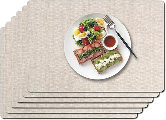Vinyl Placemats Set of 6-12×17.7 Inch Waterproof & Heattable Placemats, Fall Faux Leather Wipeable Outdoor Table Mat for Dining, Kitchen, Indoor Outdoor Use (Beige, Linen Texture)