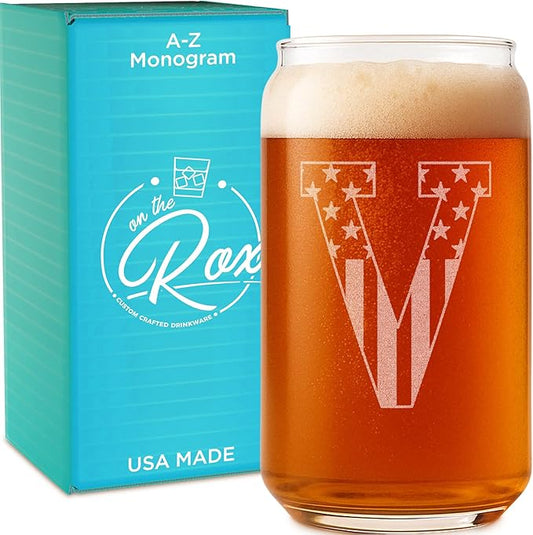 Monogram Beer Glasses for Men (A-Z) 16 oz - Beer Gifts for Men Brother Son Dad Neighbor - Unique Christmas Gifts for Him - Personalized Drinking Gift Beer Glass Mugs - Engraved Beer Can Glass (V)