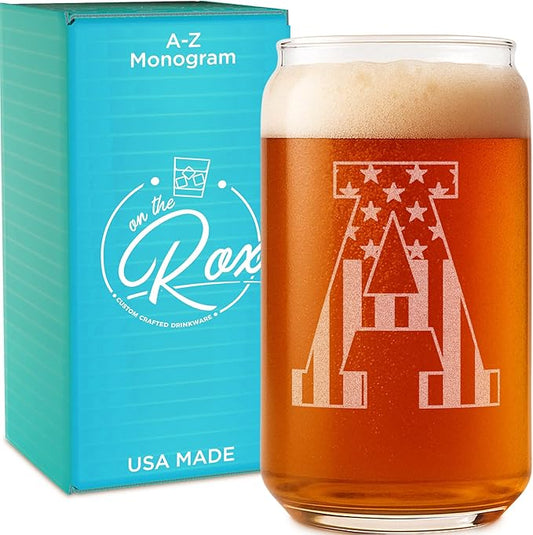 Monogram Beer Glasses for Men (A-Z) 16 oz - Beer Gifts for Men Brother Son Dad Neighbor - Unique Gifts for Him - Personalized Drinking Gift Beer Glass Mugs - Engraved Beer Can Glass (A)