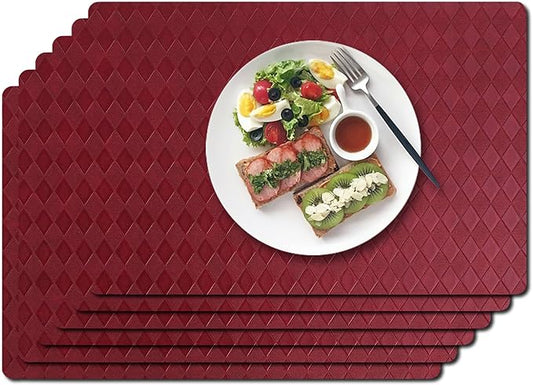 Vinyl Placemats Set of 6-12×17.7 Inch Waterproof & Heattable Placemats, Fall Faux Leather Wipeable Outdoor Table Mat for Dining, Kitchen, Indoor Outdoor Use (Grenadine Red, Diamond pattern)
